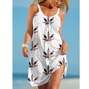2022 European and American spring and summer cross-border new Maple Leaf series printed dress dress loose strap beach dress
