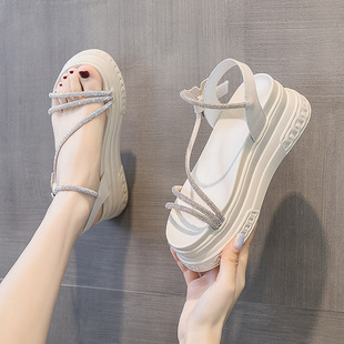Women's Korean-style sandals 2022 hot summer outdoor wear increased 7cm fashion rhinestone fairy style Velcro