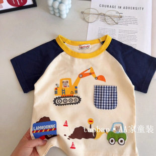 Japanese children's clothing! Spring Boy's Excavator Cute Baby Top Thin Half Sleeve T-Shirt Children's Short Sleeve