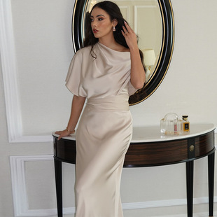 2025 New European and American Amazon Cross-border Foreign Trade Women's Wear Slim Oblique Collar Waist Short Sleeve Fashion dress