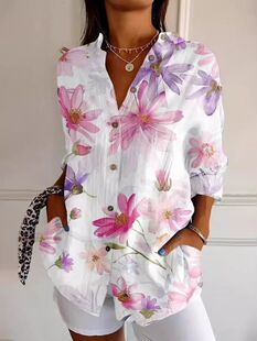 2024 Cross-border European and American Women's New Amazon Four Seasons Fashion Printed Shoulder Sleeve Loose Casual Button Shirt