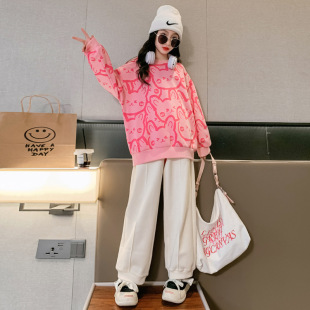 Girls' Suits, Spring & Fall Clothes, New Style, Fashionable Cartoon Rabbit Sweatshirts for Middle-Aged and Older Children, Loose Casual Pants Two-Piece Set