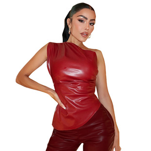 H24TP291 cross-border European and American style 2024 new women's Amazon foreign trade diagonal shoulder slanted pleated leather top