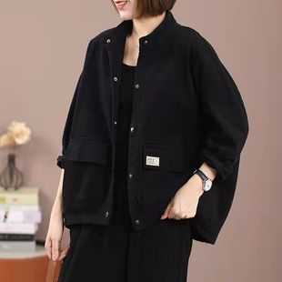 Foreign Trade Autumn 2023 New Korean Casual Large Size Loose Slimming Artistic Label Pocket Denim Cotton Short Jacket