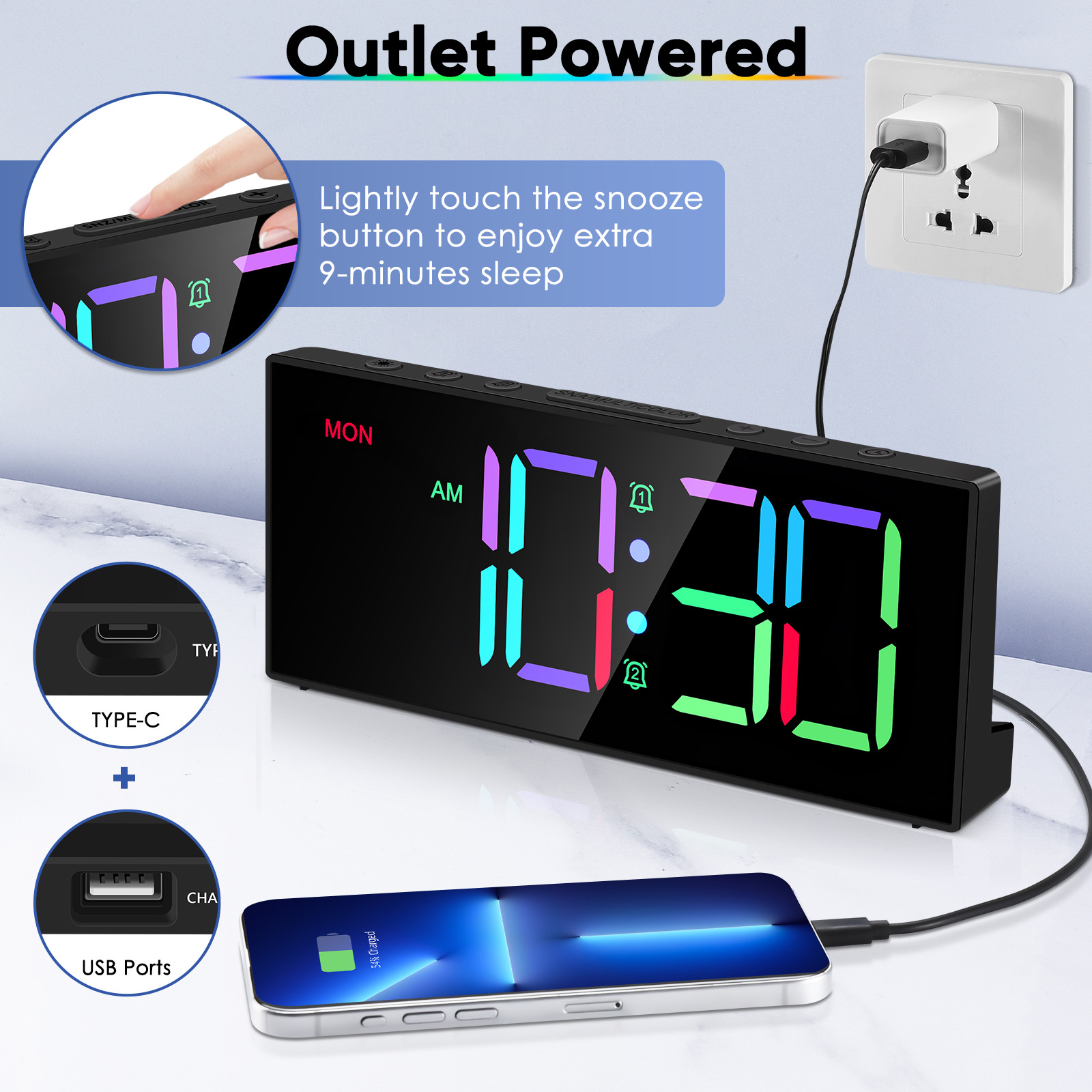 2024 cross-border new RGB digital clock LED electronic clock living room bedroom office decoration colorful alarm clock