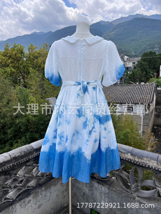 25 New Tie-Dye dress Short-Sleeved Dress Handmade Blue Dye Antique Pearl Buckle Fake Two-Piece Vintage Dress