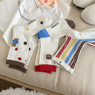 Autumn and winter socks children striped anti-woven point yarn medium tube women's socks wholesale cute bear cartoon embroidery sweet cotton socks