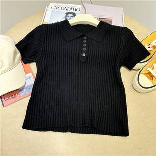 Retro Polo Lapel Pullover Knitwear Women's Short Slim Vertical Pit Strip Texture Slim Short-sleeved Top for Small People