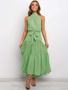 2025 Europe and the United States cross-border Amazon women's dress foreign trade explosions new hanging neck wave printing lace-up dress