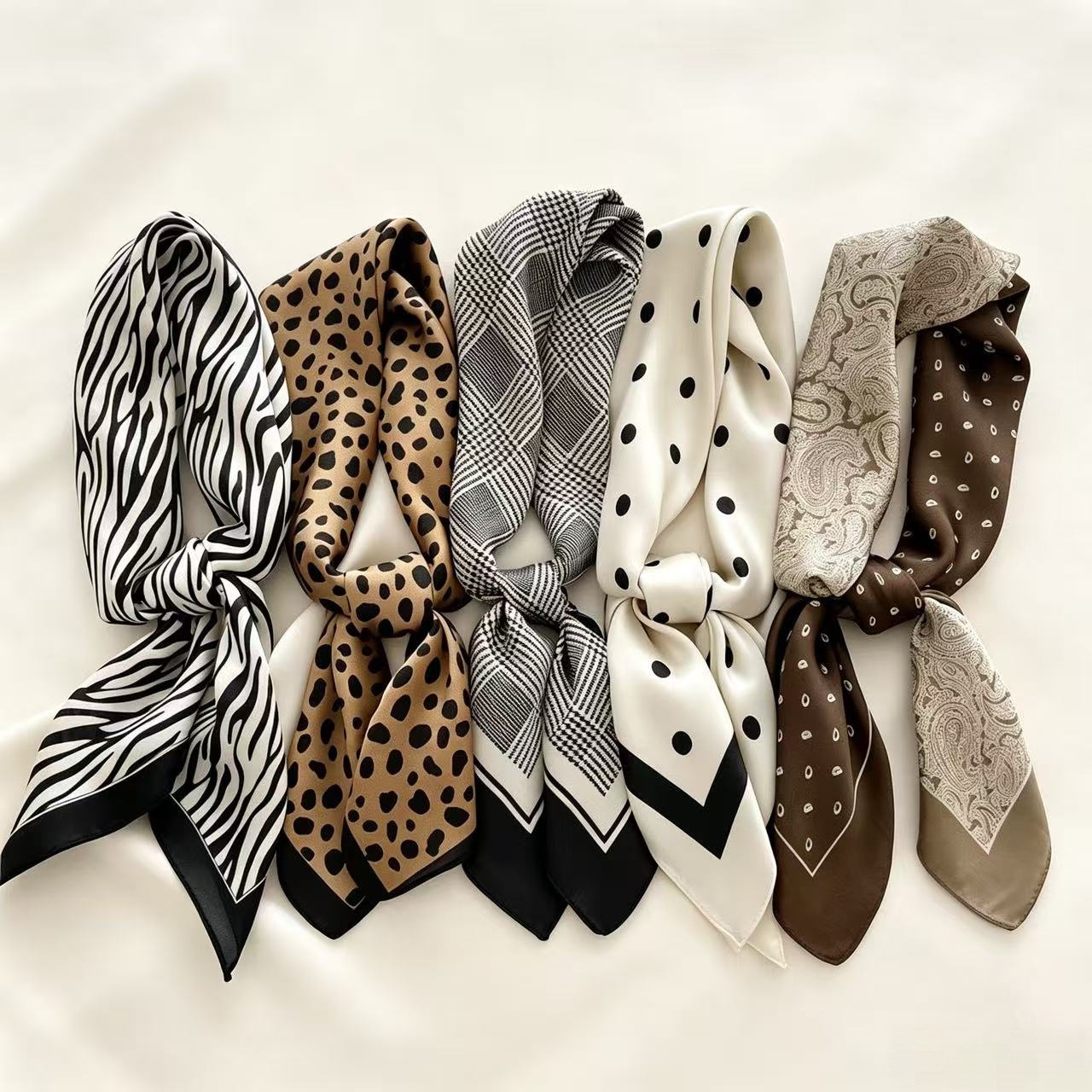 Retro small silk scarf for spring and autumn, imitation silk leopard print, polka dot, zebra print headband, bag tie ribbon, professional decorative scarf for women.