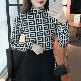 Double-Sided Velvet Half-High Neck Slim-Fit Stretch Printed Base Shirt Women's Sanding Inner Long-Sleeved T-Shirt Base Shirt Trendy