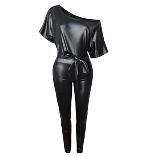 Kim Korean Autumn Women's Clothing Amazon ebay Cross-border Leather Jumpsuit Strap Shoulder Sexy Tight Leather Ins