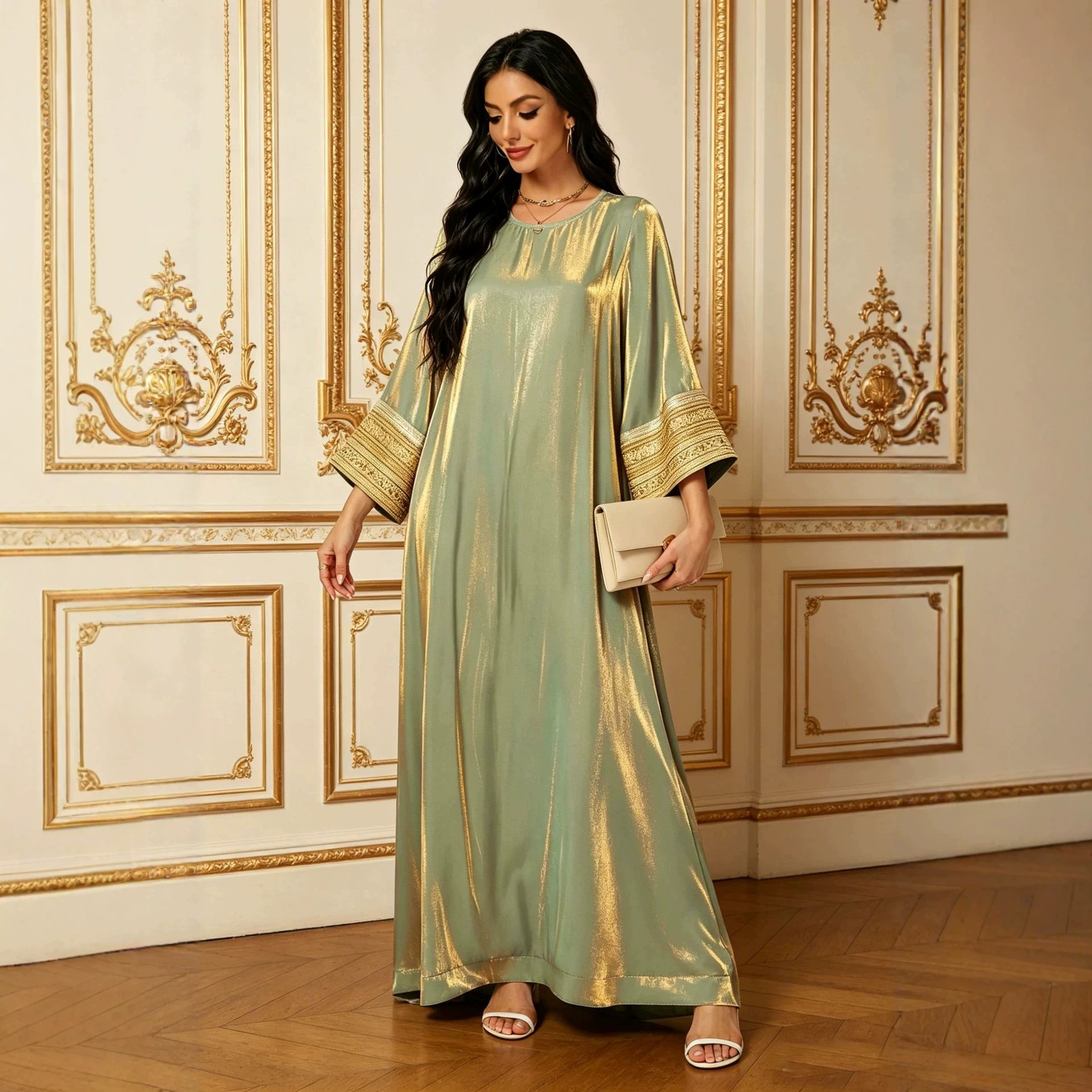 Dress European and American Cross-Border Style Shiny Long Dress Plus Size Gold Luxurious Loose-Fitting Women's Clothing