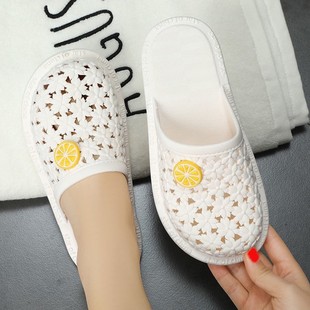 New Flat Slippers Non-slip Hollow Cute Solid Color Beach Summer Outer Wearing Bath Women's Shoes Room Home Baotou Sandals