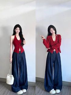 French Red suit Women's Autumn New Fashionable Elegant Knitted Cardigan Slim-fit Flower Two-piece Vest with Neck