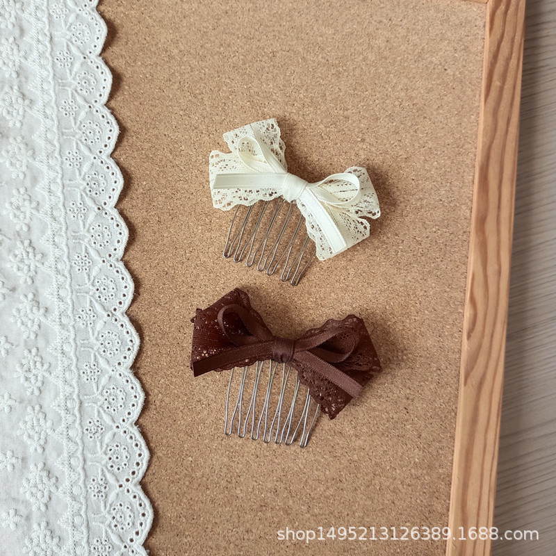 Original Sweet Student Little Girl Hairpin Off-White Brown Lace Bow Hair Comb Insert Hairpin Hairpin