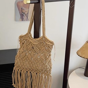 Bohemian Style Fashion Cut Out Cotton Rope Shoulder Bag Tassel Exotic Woven Tote Bag Retro Literary Shoulder Bag