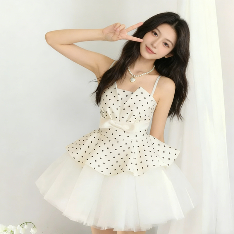 Ballet-Style Sweet Polka Dot Mesh Suspender Dress Women's 2026 Summer New Princess Puffy Skirt