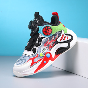 Boys Shoes 2025 Summer New Children's Professional Basketball Shoes Rotating Button Mesh Breathable Sports Running Shoes