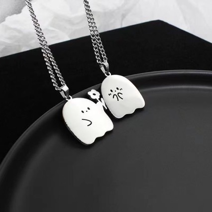 New Flower Little Ghost Couple Necklace Pair ins Niche Cute Little Monster Pendant Gift for Girls