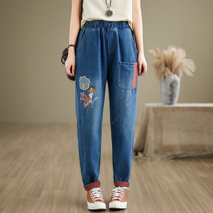 Large size jeans 2024 loose high waist denim elastic waist large size cloth embroidered Harlan dad pants