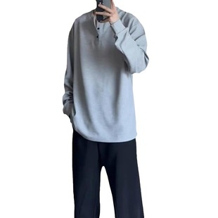 light gray Waffle Long-sleeved T-shirt Men's Spring and Autumn American Retro Henry Collar T-shirt Loose Casual Base Shirt