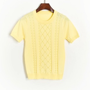 S4041 summer new beaded new rope twist thin yellow short sleeve sweater women's top