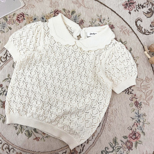Cutemily spring and summer ins baby girl pullover Lotus collar hollow sweater baby thin cute knitted short sleeve