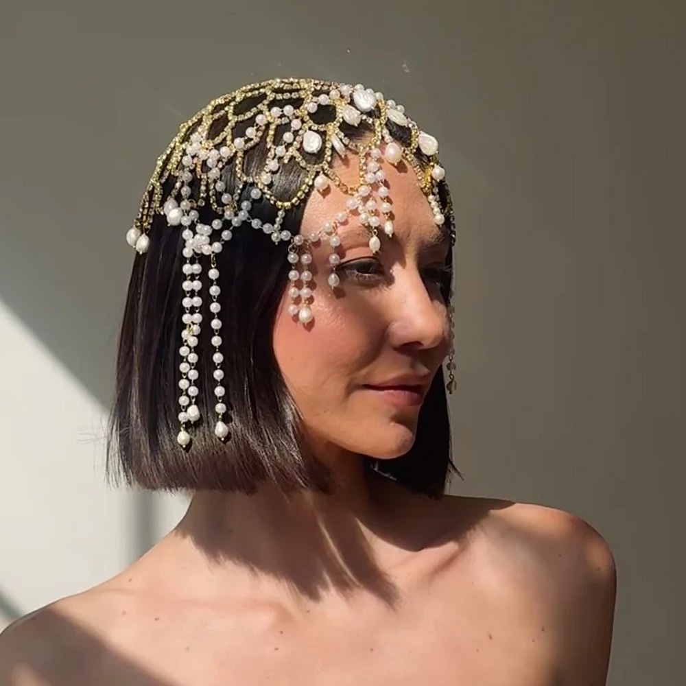 New Ins-Style Pearl Tassel Hair Chain, Personalized and Fashionable Rhinestone Headwear, Performance Accessory for Women