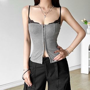 Southeast Asian Trendy Elegant Retro Grey Lace Stitching Camisole Women's Tight Waist Slimming Buckle Hot Girl Top