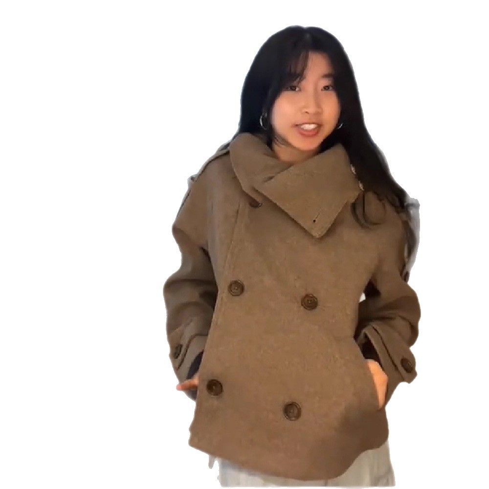 크로스보더 영국풍 통근 스타일 하이넥 더블버튼 루즈핏 숏 모직 코트 여성 가을겨울 데일리룩