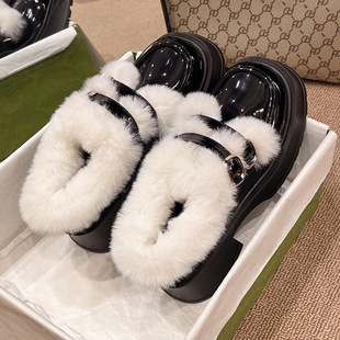 Black Leather Shoes Women's 2024 Winter Warm French High Heeled Mary Jane Shoes Thick Thick Heeled Loafers Fluffy Shoes