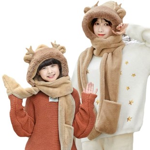 Cute Three-in-One Dragon Horn Bear Hat and Scarf Integrated Winter Gloves Cycling Thickened Warm Cold-proof Hat Ear Protection