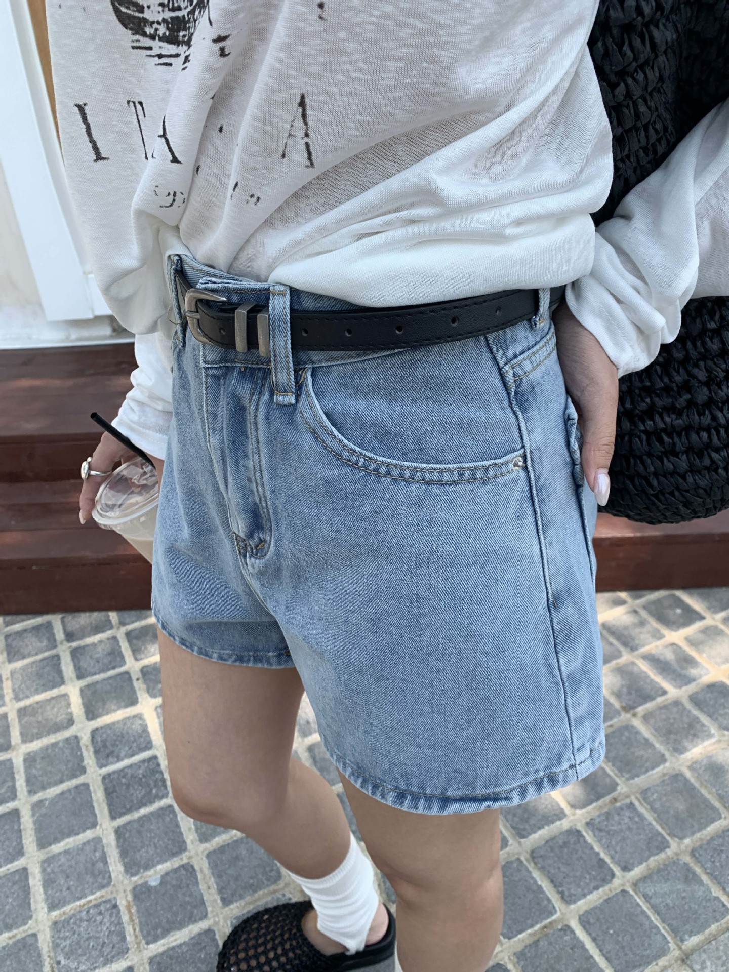 Huang Zhe 한국 캐주얼 데님 반바지 여성 여름 새로운 핫 소녀 A 라인 컬링 와이드 레그 슬림 핫팬츠 520449