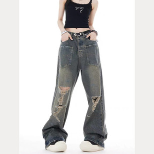 Teenager American Style Retro Reverse Pocket Wide Leg Jeans Men's Loose Washed Mud Dyed Hole Trendy Trousers