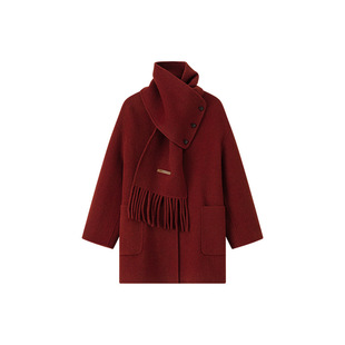 [Ben Chu] 24 fall/winter Korean version of tassel scarf double-sided wool coat loose slim camel wool coat women