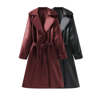 In the spring and autumn of 2024, Europe and the United States cross-border new fashion temperament red lapel belt long leather coat