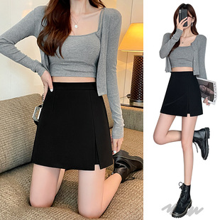 Black skirt women's summer hot girl sexy split sheath A- line skirt high waist stretch belly covering bottoming skirt shorts