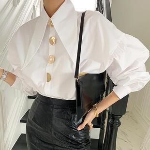 Chic French Retro Design Sense Small Big Point Collar White Shirt 2024 Fashion New Style Lantern Sleeve Top for Women