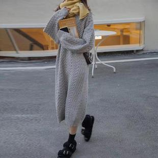 French style autumn and winter V-neck thickened long knitted sweater dress new style with overcoat bottoming skirt elegant loose outer wear for women