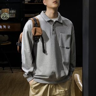 2024 Autumn Youthful Popular Loose Long Sleeve Polo Shirt Men's Solid Design Washed Trendy All-Match Casual Top