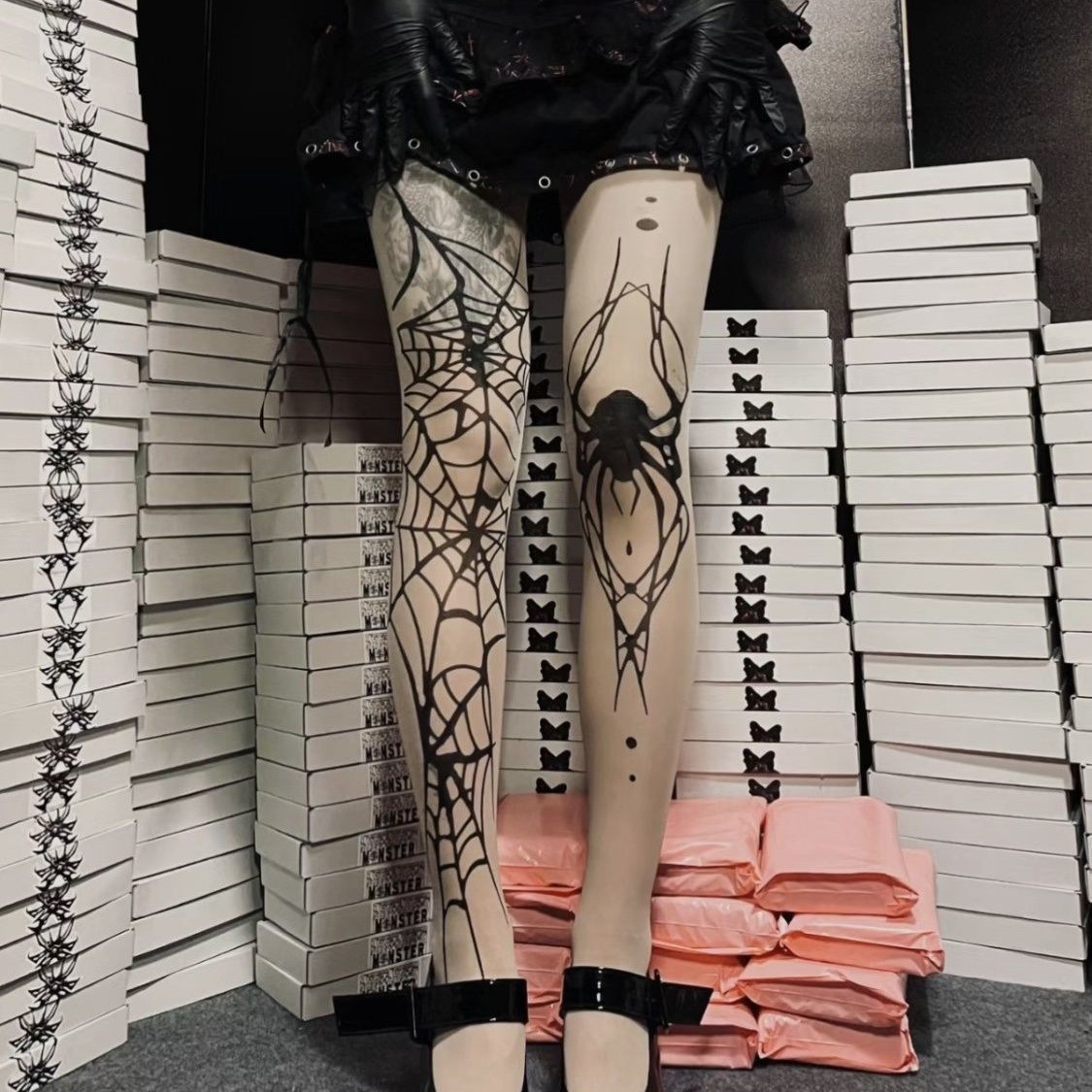 Halloween Spider Stockings Dark Gothic Style Punk Black Silk Printed Spider Web Female Any Cut Stockings Witch Black