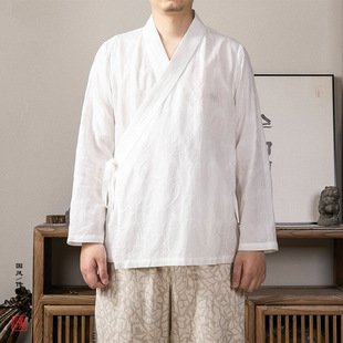 Chinese Style Men's Improved Hanfu Men's Slant Placket Jacquard Dao Robe Autumn Chinese Tang Suit Cotton Linen V-neck Casual Jacket