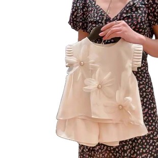 Girls' Fragrant Style Foreign Style suit 2025 Summer Girls' Three-dimensional Flower Flying Sleeve Top Shorts Two-piece Set