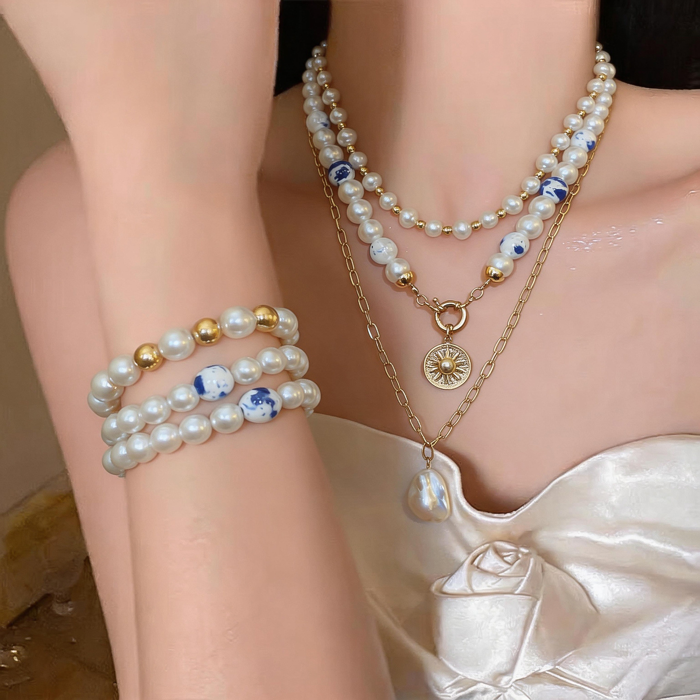 High-End Pearl Ceramic Beaded Sun Earrings Necklace, Simple New Chinese Style Clavicle Chain, Light Luxury Niche Jewelry for Women