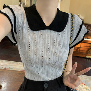 Chic and Beautiful Flying Sleeve T-shirt Women's Summer Polo Collar Ice Silk Knitted Short-sleeved High-end Color Contrast Hollow-out Top