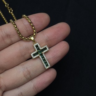 European and American Style Green and White Two-color Zircon Cross Pendant Necklace Trendyy Hip-hop Couple Stylish Fashionable Sweatshirt Necklace