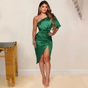 Autumn new European and American cross-border foreign trade women's clothing fashion solid color sexy one-shoulder split dress hip skirt dress