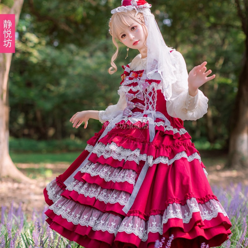 Original Lolita Palace-Style Dress for Girls, Princess Lace Long Dress, New Year Red European Classical Style