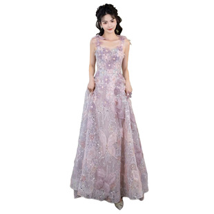High-grade camisole evening dress 2024 New light luxury niche lace flower French banquet dress women's purple